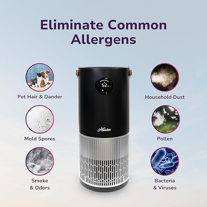 Hunter Fan Company Humidifier and Air Purifier In One, Advanced Filtration Air Purifiers for Home, Air Purifiers for Home Pets, Humidifiers for Bedroom and Humidifiers for Bedroom Baby, Black/Silver