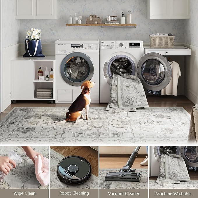 jinchan Hallway Runner Rug 2x8 Machine Washable - Vintage Floral Non-Slip Low-Pile Soft Ultra-Thin Faux Wool Kitchen Rug Distressed Carpet Runner for Farmhouse Bedroom Laundry Room (2x8ft, Taupe)