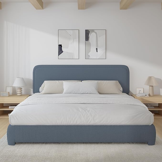 BarnFurin Boucle Upholstered Bed Frame King Size/Cloud Bed Frame/Soft Rounded Corners Headboard/Low Profile/No Box Spring Needed/Blue