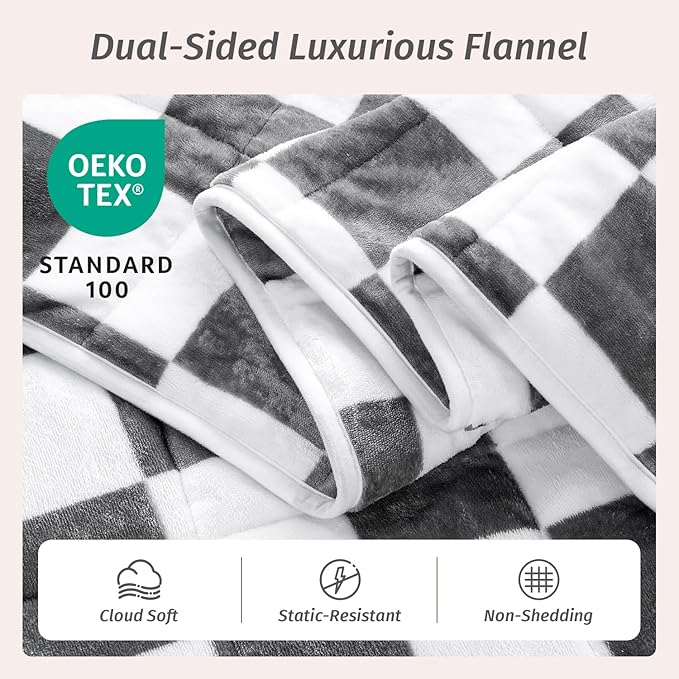 Wemore Flannel Fleece Weighted Blanket for Adult Queen Size 20 lbs, Dual Sided Luxurious Checkerboard Grid Heavy Blankets, Ultra Soft Throw Blanket, Plaid Grey, 60 x 80 inches