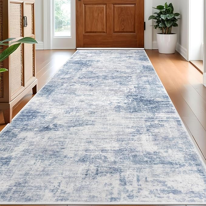 IOHOUZE Abstract Runner Rug 3x8 Ft Washable Runners for Hallways, Non Slip Kitchen Runner Printed Faux Wool Entryway Runner Indoor, Modern Abstract Floor Carpet for Hall Bedroom, Light Blue White