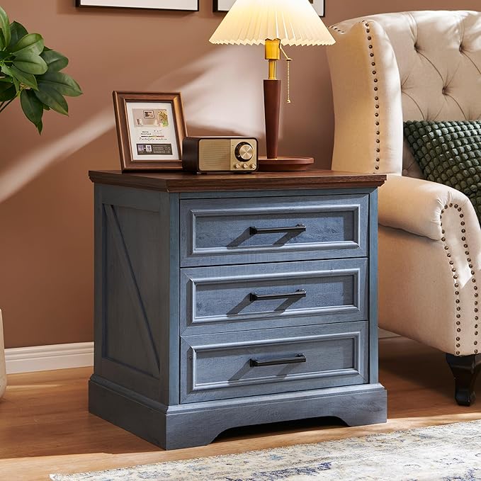 ACCOHOHO Farmhouse Nightstand with Charging Station, 22 Inch Wide End Table with 3 Large Drawers & Bar Handles, Rustic Wood Small Dresser Chest of Drawers for Bedroom, Living Room, Closet, Blue