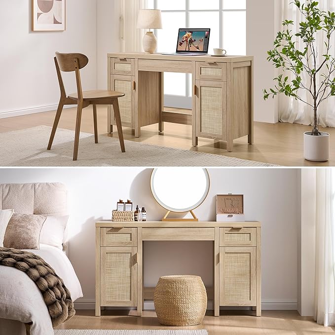 SICOTAS 2 Pieces Rattan Vanity Home Office Desk - Big Boho Makeup Vanities Benches with Drawers & Storage Cabinets, Dressing Vanity Table for Makeup Room, Bedroom, Home Office, Light Oak