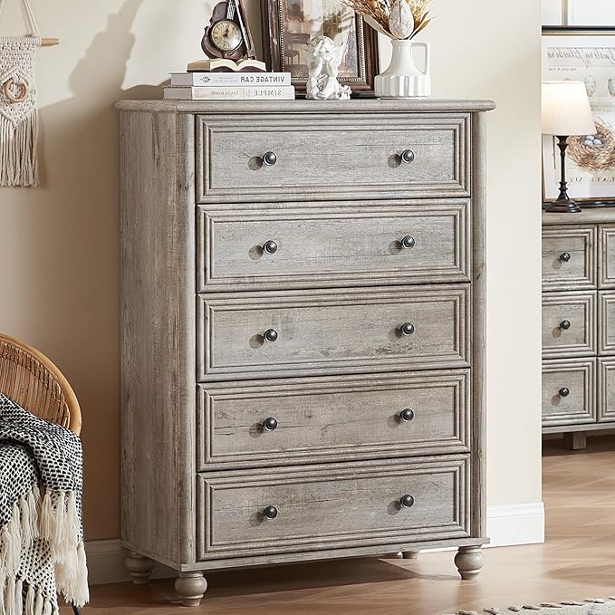 Farmhouse 5 Drawers Dresser for Bedroom, Wood 45" Tall Chest of Drawers, Dresser Rustic Storage Dressers Organizer with Metal Handle Closet for Living Room, Hallway Entryway