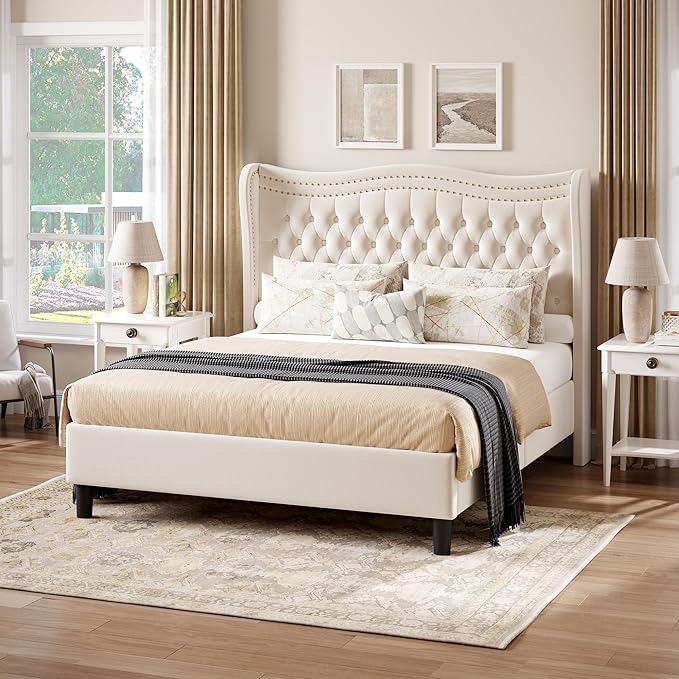 Upholstered Queen Size Bed Frame with Tall Headboard, Velvet Wingback Platform Bed Frame with Deep Button Tufted, No Box Spring Needed, Noise Free, Beige