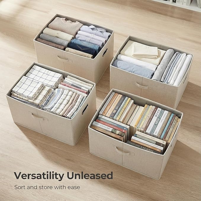 PRANDOM Storage Bins with Lids [3-Pack] Linen Fabric Foldable Storage Boxes Organizer Containers Baskets Cube with Cover Beige (23.4X15.9X11.4)