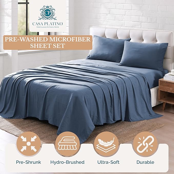 Casa Platino King Sheet Set – 4 Piece Hydro-Brushed Microfiber Bedding, Pre-Washed Ultra Soft Bed Sheets, Deep Pocket Fits up to 15", Cozy Sheets, Cooling Sheet Set for King Bed - Estate Blue