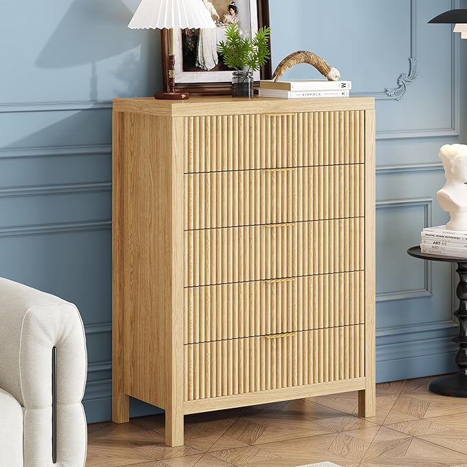5 Drawer Dresser, 43" Tall Dresser Organizer TV Drawer Cabinet Modern Wood Storage Cabinet, Modern Wood Storage Cabinet for Bedroom, Hallway, Entryway, Natural X 2