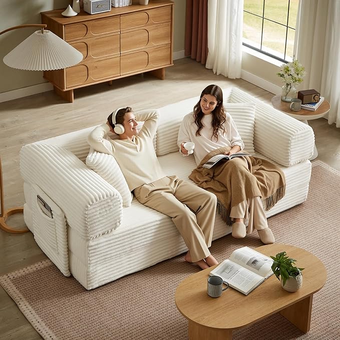 Boneless Couch Folding Couches for Living Room Sofa, Futon Sofa Bed with Sleeper Sofa, Futon Couch with Fixed-Shape Oversized Corduroy Upholstered (White, 81 Inches)