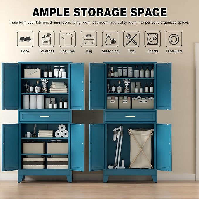 COFaR Farmhouse Storage Kitchen Pantry Cabinet with 4 Barn Door, 4 Adjustable Shelves, Drawer and Legs, for Cupboard/Dining Room/Bathroom/Living Room/Office/Laundry Room(Blue Green, 71" Metal Cabinet)