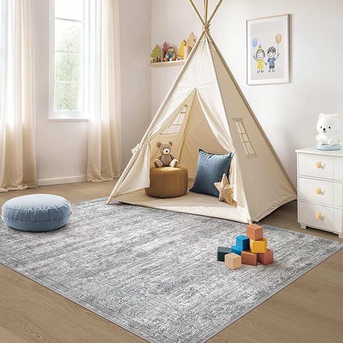 Area Rug Living Room Rugs - 4x6 Large Soft Indoor Neutral Modern Abstract Low Pile Washable Rug Carpet for Bedroom Dining Room Farmhouse Home Office - Vintage Grey