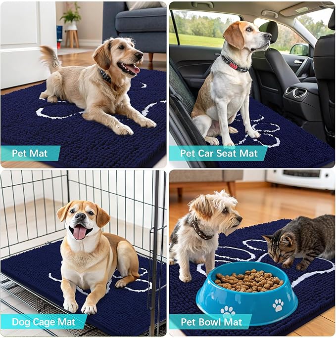 OLANLY Dog Door Mat for Muddy Paws 59x35, Paw Print Design, Absorbs Moisture and Dirt, Absorbent Non-Slip Washable Doormat, Quick Dry Chenille Mud Mat for Dogs, Entry Indoor Entryway Carpet, Navy Blue