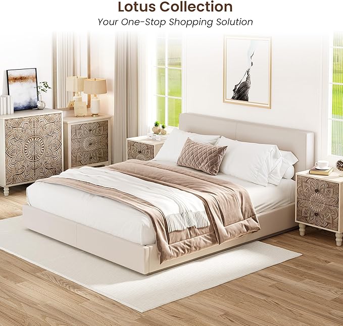 COSIEST 3 Drawers Nightstand Set of 2, Accent Dresser, 29'' Tall Wood Vintage Small Accent Chest, Bedside Table,Bedroom Furniture for Home, Entryway (Lotus Pattern)