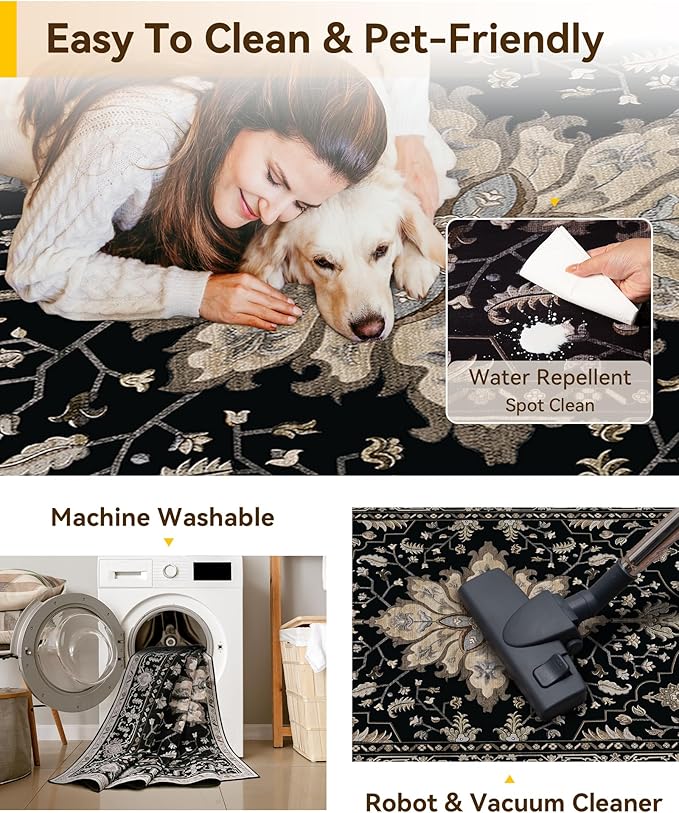Area Rugs 2'x5' Washable Non-Slip, Floral Vintage Distress Print Pattern Medallion Carpet for Living Room Bedroom Dining Room, Black Brown Neutral Dark Tan