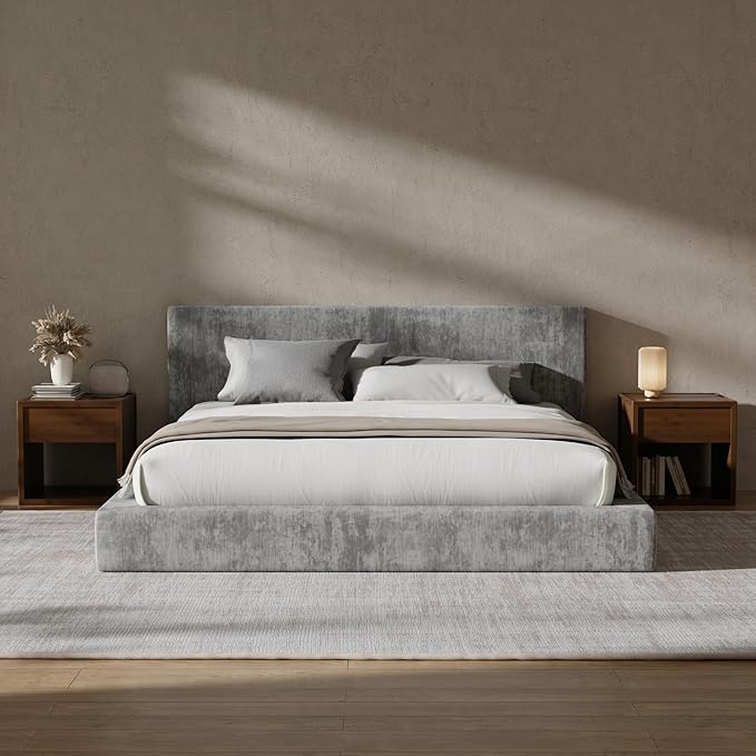 RECCI Cloud Upholstered King Bed Frame with Headboard, 5 Inch Foam Padded Platform, No Box Spring, Easy Assembly (Moon Grey)