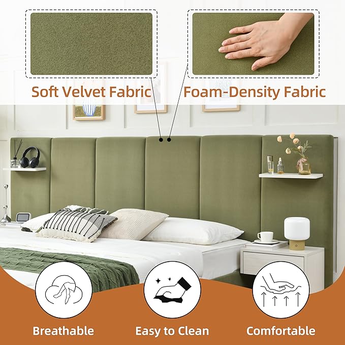 King Bed Frame with Storage & Built-in Nightstands, Velvet Upholstered Platform Bed Frame with Drawers & 2 Floating Storage Shelves, Noise-Free, No Box Spring Needed, Easy Assembly, Green