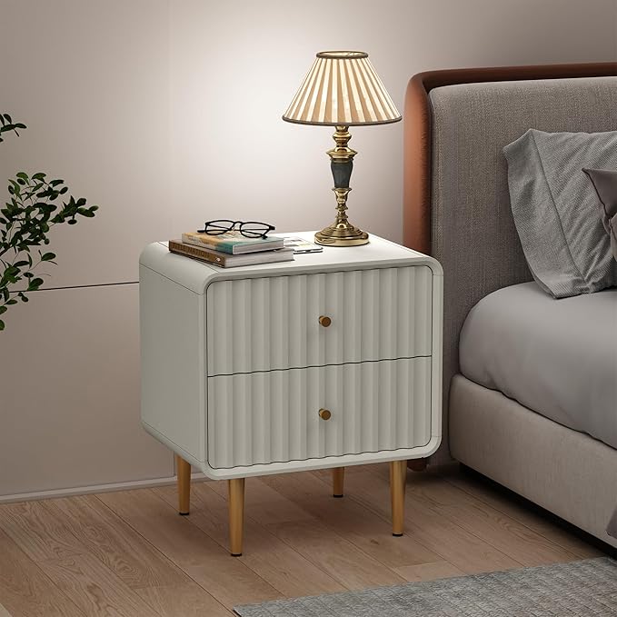HLR Modern Nightstand Set of 2, Fluted Bed Side Table with 2 Drawers Storage, Wood End Table with Gold Metal Handle, White Night Stands for Bedroom