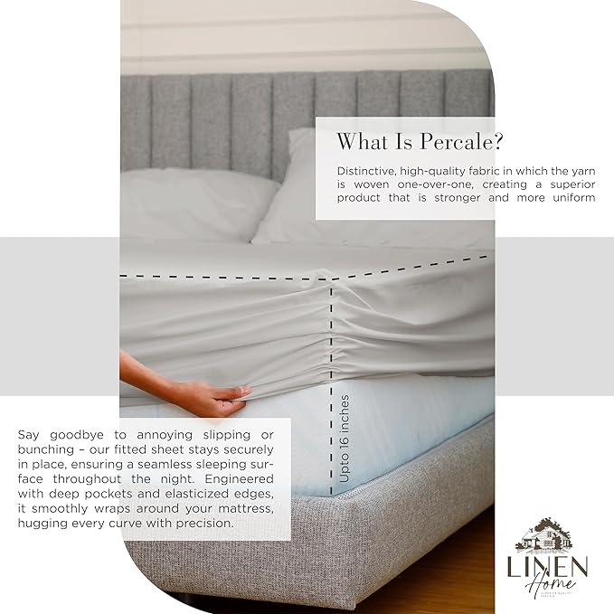 Linen Home 100% Cotton Percale Sheets Full Size, Silver, Deep Pocket, 4 Pieces Set - 1 Flat, 1 Deep Pocket Fitted Sheet and 2 Pillowcases, Crisp Cool and Strong Bed Linen