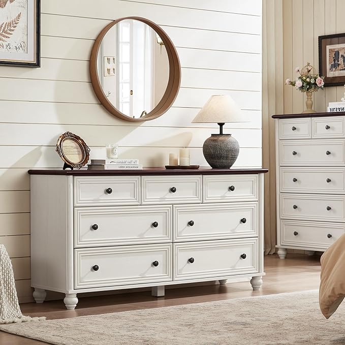 Farmhouse Dressers & Night Stand Set of 4, Wood 54" Wide Dresser & 45" Tall Chest of Drawers, 18" with Charging Station Nightstand Set of 2, Bedroom Furniture Dresser Set for Home Living Room Hallway