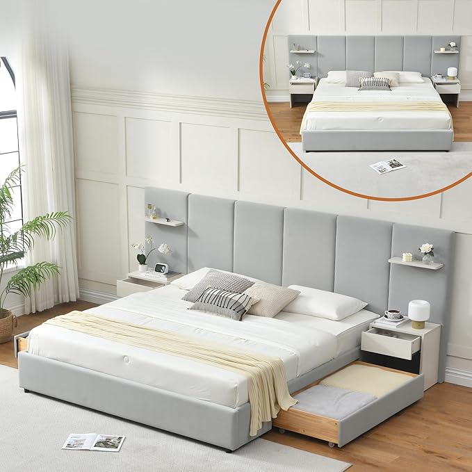 King Bed Frame with Storage & Built-in Nightstands, Velvet Upholstered Platform Bed Frame with Drawers & 2 Floating Storage Shelves, Noise-Free, No Box Spring Needed, Easy Assembly, Gray