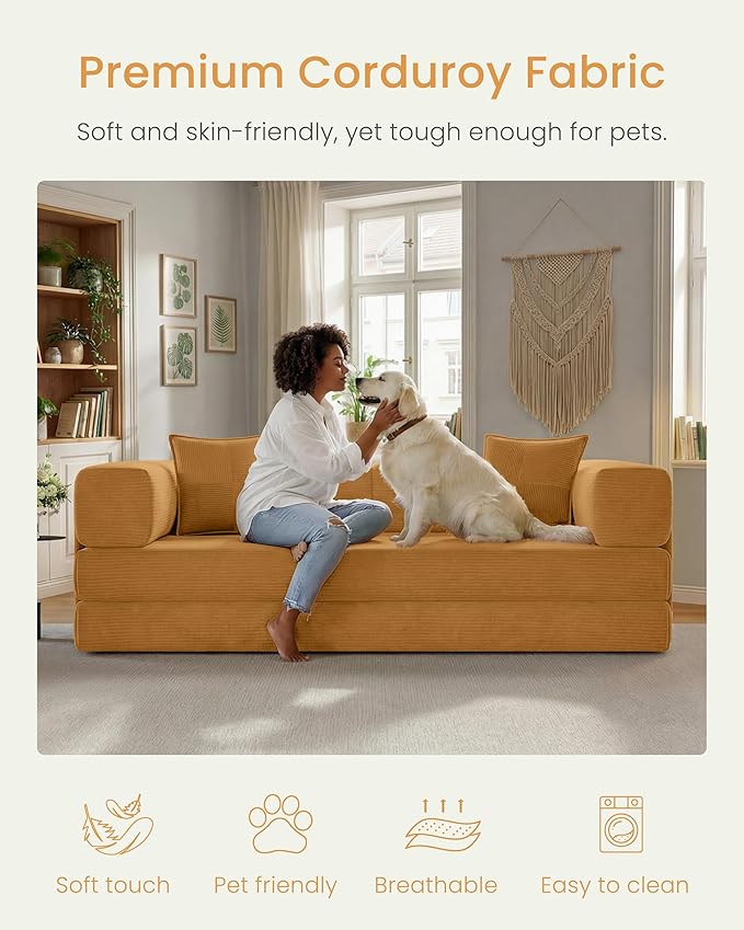 78.8" Convertible Futon Sofa Bed,Corduroy Futon Couch with Storage Pocket,Folding Pull Out Sofa,No Assembly Boneless Couch for Living Room,Yellow