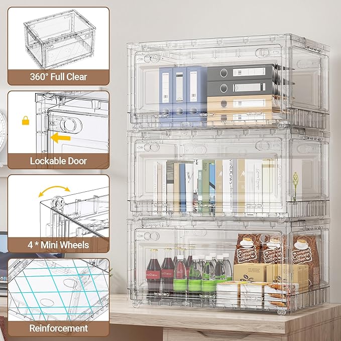 BROVIEW 160Qt Stackable Storage Bins with Lids Wheels, XL Clear Plastic Drawers Foldable Closet Organizers and Storage Cabinet Display Box Shelves with Front & Back Doors, for Home Office Garage,2Pack