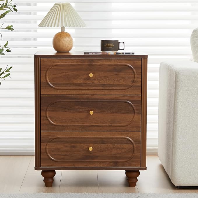 3 Drawer Fluted Dresser for Bedroom, Mid Century Modern Chest of Drawers, Wood Storage Small Dresser Organizer for Bedroom Living Room Hallway Closet, Walnut