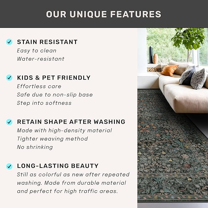 Washable Dark Green Rug for Living Room - 8x12 Large Area Rug for Dining Room Under Table, Bedroom, Soft Low Pile Non-Slip Stain Resistant Carpet - Vintage Floral Décor