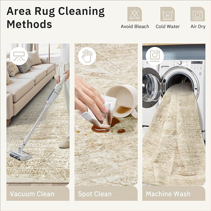 5x7 Area Rugs Beige Low Pile Indoor Washable Trendy Faded Style Floral Rugs for Bedroom Living Room Dining Room Foldable Non-Slip Thin Print Mat