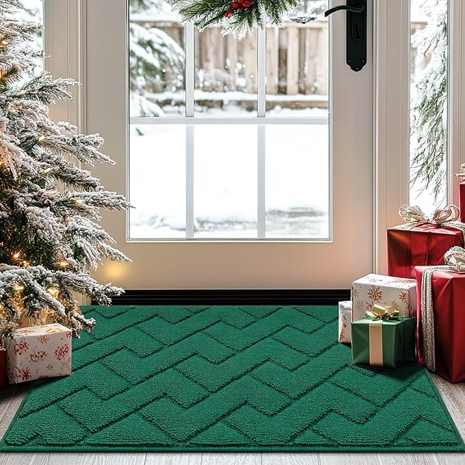 hicorfe Front Door Mat Outside Entrance,20"x31.5" Absorbent Muddy Dirt Resist Welcome Door Mats Outdoor Indoor,Stain and Fade Resistant,Non Slip Backing Entry Mat Doormat for Entryway(Evergreen)