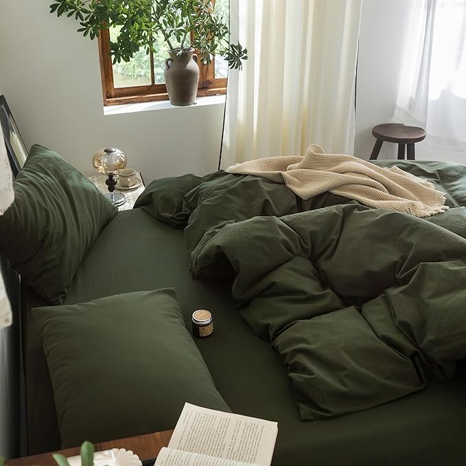 FOSSA Duvet Cover Set 100% Washed Cotton Linen Feel Super Soft Breathable Cozy 3 Pieces Bedding Sets Solid Olive Green Queen