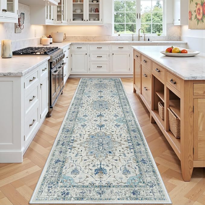 Area Rugs 3'x9' Washable Non-Slip, Floral Vintage Distress Print Pattern Medallion Carpet for Living Room Bedroom Dining Room, Light Blue Navy Beige Gray White