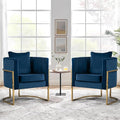Velvet Accent Chairs Set of 2, Mid Century Modern Upholstered Armchair with Pillow for Living Room, Comfy Barrel Single Vanity Chair with Metal Gold Legs for Bedroom, Blue