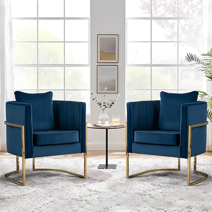 Velvet Accent Chairs Set of 2, Mid Century Modern Upholstered Armchair with Pillow for Living Room, Comfy Barrel Single Vanity Chair with Metal Gold Legs for Bedroom, Blue