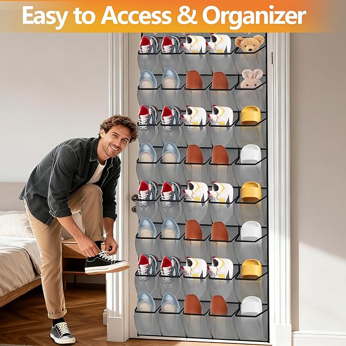 Over the Door Shoe Organizer, 40 Large Mesh Pockets Hanging Shoe Rack Organizer for Closet Behind The Door Storage Holder for Entryway Bedroom Dorm Gray