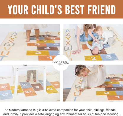 Washable Hopscotch Rug for Kids | Educational ABC & Numbers Carpet for Toddler Playroom or Classroom | 4.6' x 6.5' Non-Slip Play Mat | Neutral Decor