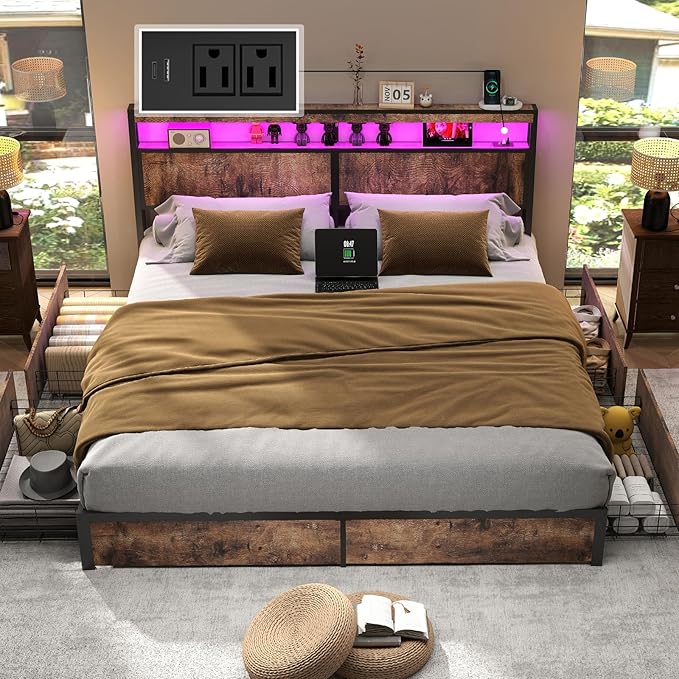 King Size Bed Frame with 4 Storage Drawers and Headboard with Charging Station and LED Lights,2 Tier Solid Wood Headboard Storage,Noise Free,Easy Assembly, Vintage Brown