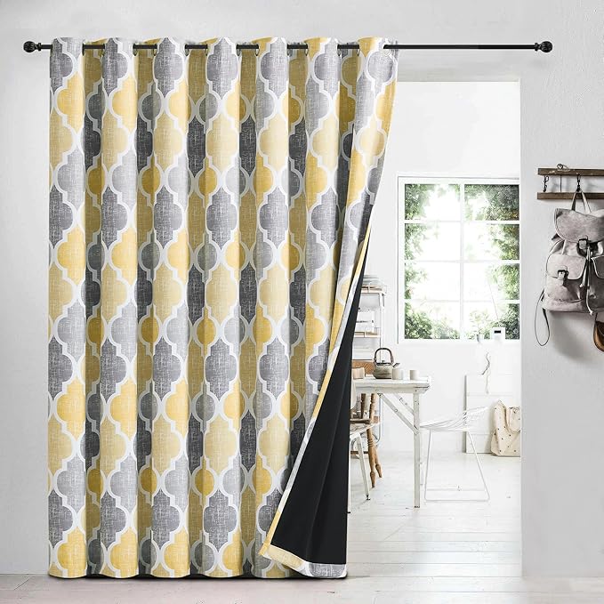 Beauoop 100% Blackout Curtains 84 Inches Long for Patio Sliding Door Yellow Grey Extra Wide Moroccan Geo Room Darkening Thermal Soundproof Room Divider Grommet Window Treatment Drapes,100x84 Set of 1