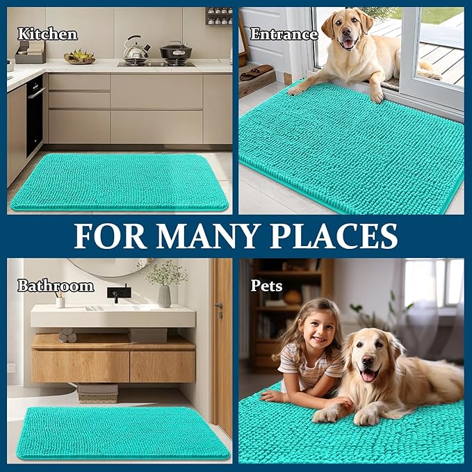 OLANLY Dog Door Mat for Muddy Paws 70x46, Absorbs Moisture and Dirt, Absorbent Non-Slip Washable Doormat, Quick Dry Chenille Mud Mat for Dogs, Entry Indoor Entryway Carpet for Inside Floor, Teal