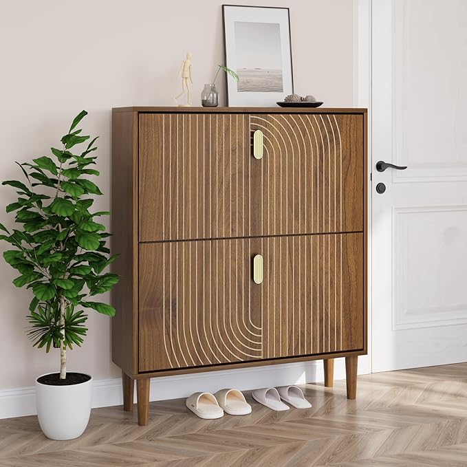 Smuxee Shoe Cabinet with 2 Flip Drawers, 31.5" Walnut Hidden Shoe Storage Cabinet with Line Groove Design, Freestanding Shoe Organizer Cabinet for Hallway, Entryway, Living Room