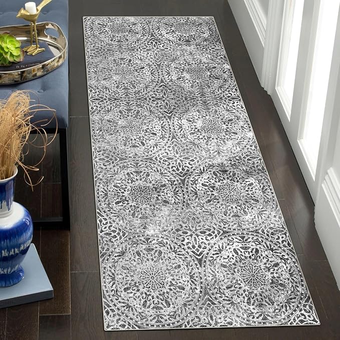 vivorug Runner Rug 2'x7' Machine Washable Non-Slip Runners for Hallways Kitchen Entryway Laundry Room Vintage Medallion Carpet Hallway Runner Grey