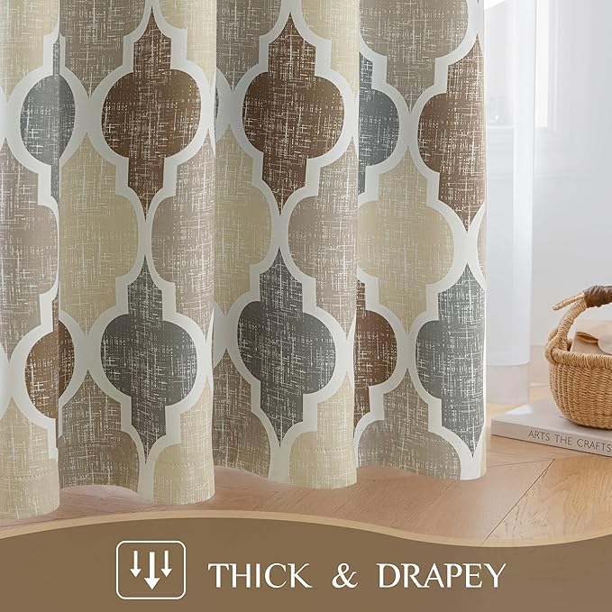 Beauoop 100% Blackout Curtains 63 Inches Long 2 Panels for Bedroom Living Room Brown Grey Moroccan Geo Room Darkening Thermal Insulated Soundproof Grommet Top Window Treatments Drapes, 50x63 Set of 2