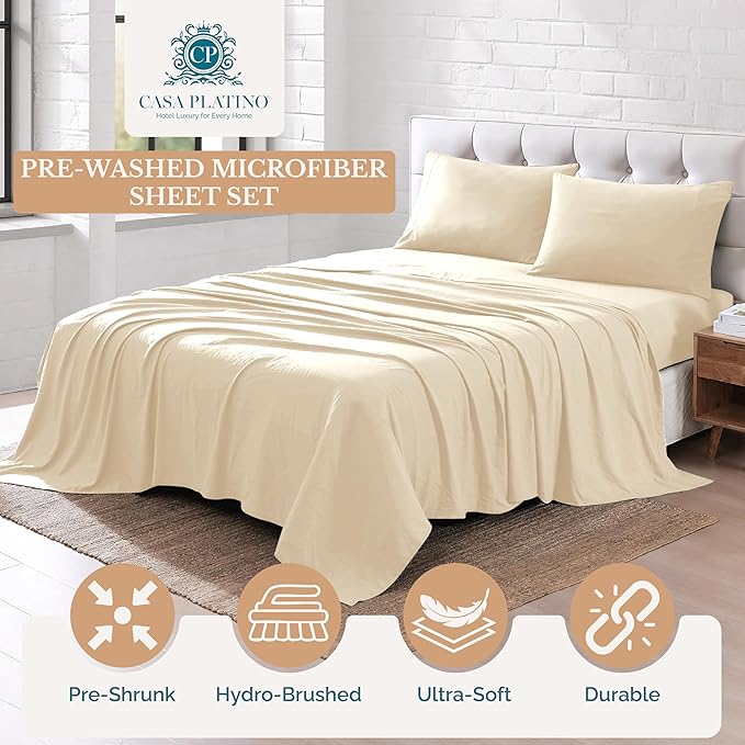 Casa Platino Sheet Sets Twin Size Bed, Hydro-Brushed Microfiber Sheets, 3 Piece Set, Pre-Washed Twin Sheet Set, Ultra Soft Sheets, Easy Care, Cozy with Deep Pockets – Ivory