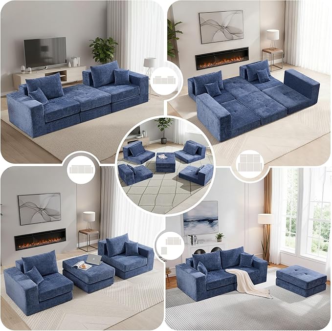 Boneless Sectional Loveseat Couch with Ottoman, Convertible Tufted Button Modular Floor Sleeper Sofa Bed, Comfy Foldable Compression Love Seat Sofa for Living Room, No Assembly, Blue