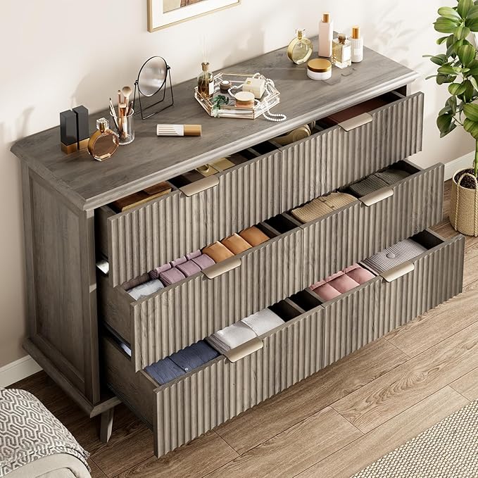 QUW Modern Fluted Dresser for Bedroom with 6 Drawers,47.2" Wood Closet Organizers and Storage,Wide 6 Drawer Dresser with Metal Handle,Hallway,Living Room(Grey)