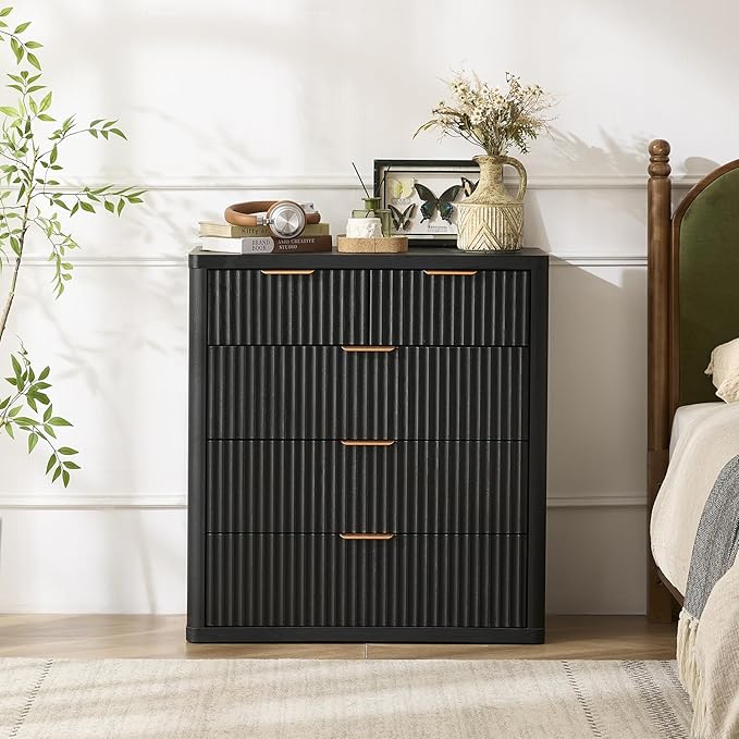 LEYAOYAO Fluted 5 Drawers Dresser for Bedroom, 34" Tall Modern Chest of Drawers with Metal Handle, Curved Profile Design,Black Wood Drawer Organizer for Bedroom, Living Room, Hallway, Entryway