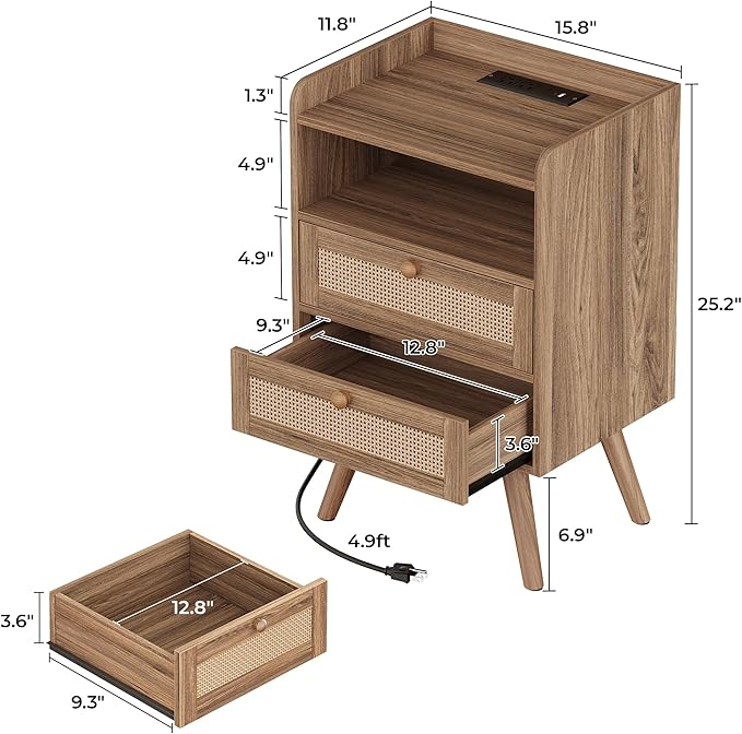 SUPERJARE 2 Drawer Night Stand with Charger Station, Boho Rattan Nightstand Set of 2, 25.2 Inch Tall Bed Side Table with Solid Wood Feet, End Table, Open Storage, Synthetic Rattan, Walnut