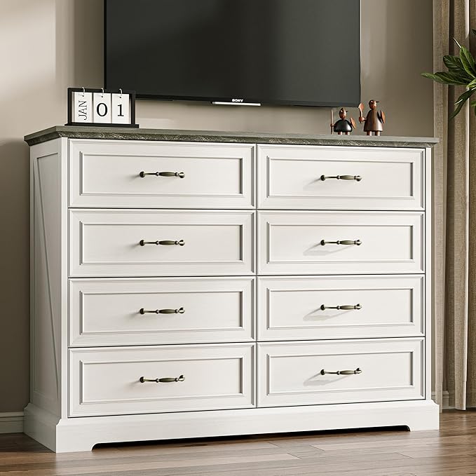 Farmhouse 8 Drawers Dresser for Bedroom, 48" Wide Wood Chest of Drawers with Deep Drawers & Bar Handles, Modern Dresser TV Stand, Rustic Wooden Closet Storage Organizer for Living Room, Hallway, White