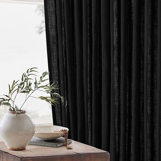 Black Pinch Pleated Linen Cafe Curtains 45 Inch Length 2 Panels for Dining Room Kitchen Bedroom Semi Sheer Pleat Drapes with Hooks Rings Light Filtering Short Window Curtain Cabinet 40x45
