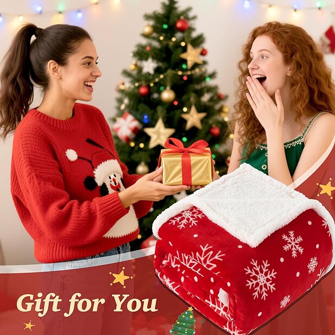Touchat Christmas Throw Blanket, Red Sherpa Christmas Blankets, Fuzzy Fluffy Soft Cozy Blanket, Fleece Flannel Plush Microfiber Blanket for Couch Bed Sofa 60" X 80",Snowflake